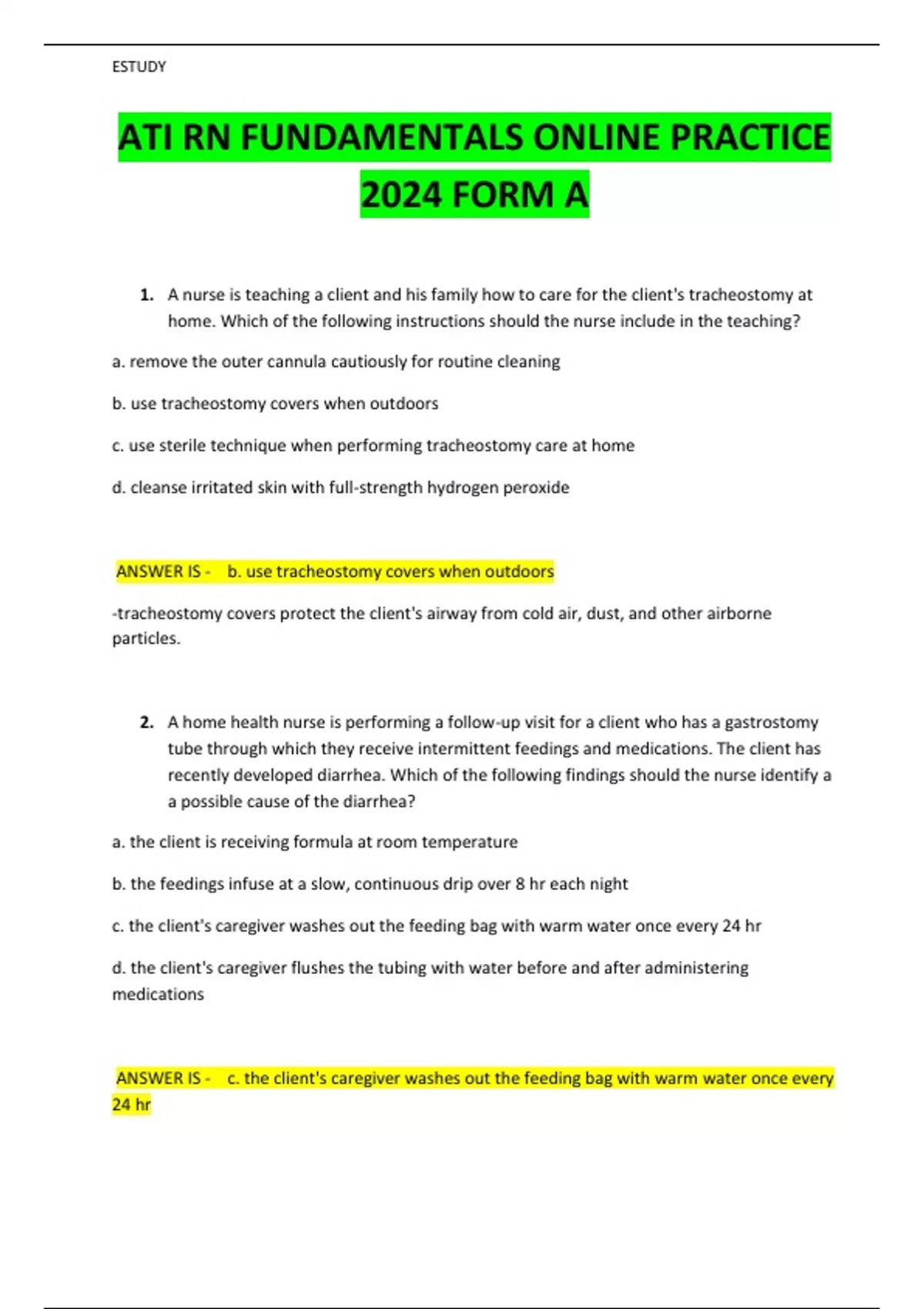 ATI RN FUNDAMENTALS ONLINE PRACTICE 2024 FORM A - ATI RN FUNDAMENTALS ...