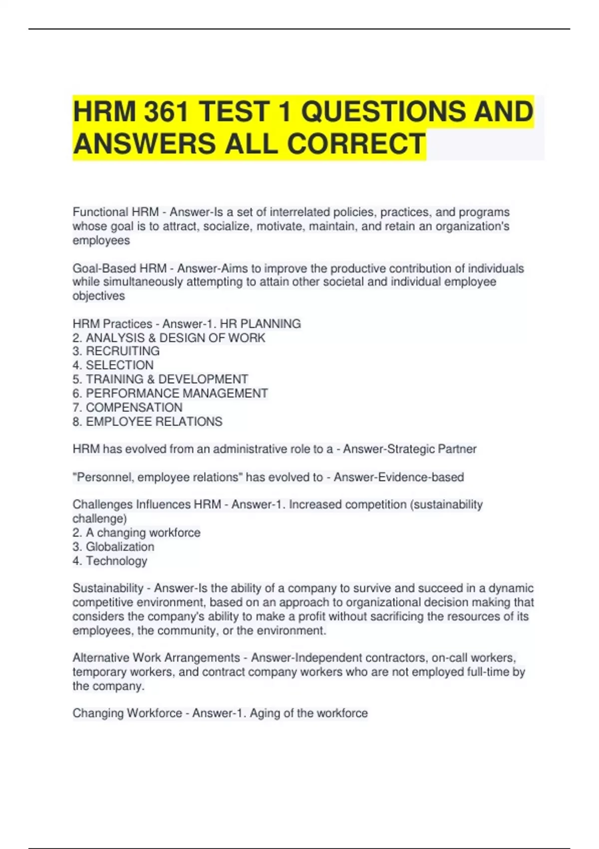HRM 361 TEST 1 QUESTIONS AND ANSWERS ALL CORRECT - HRM 361 - Stuvia US
