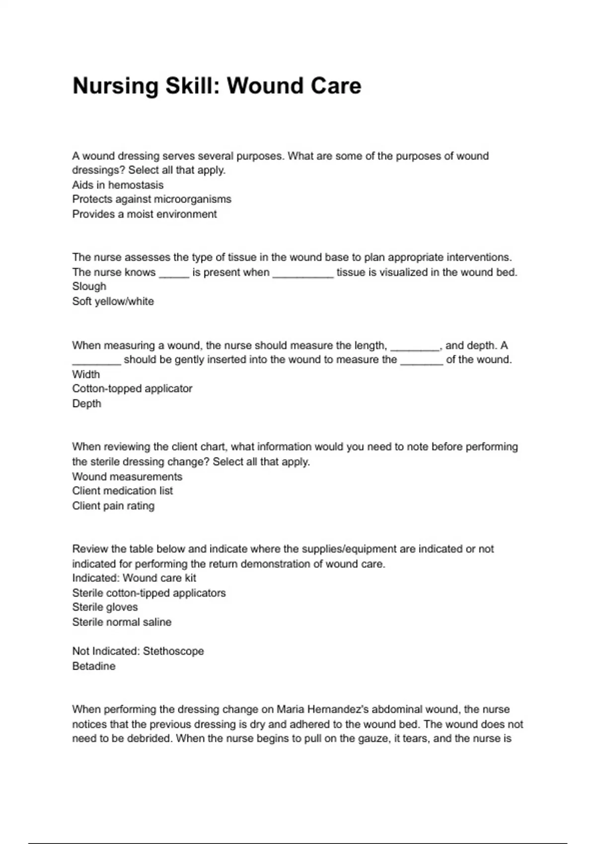 Nursing Skill Wound Care questions and answers graded A+ by experts
