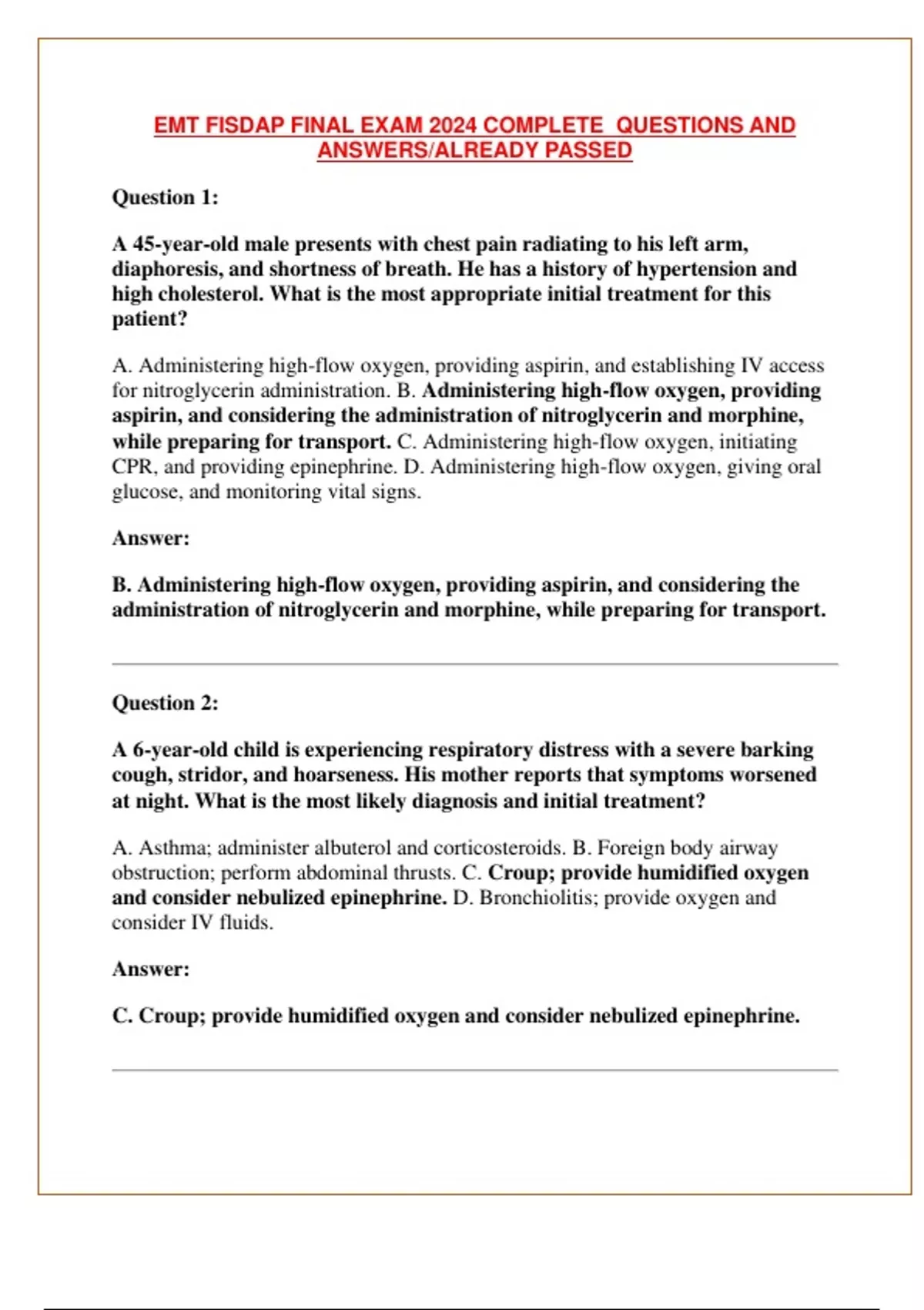 EMT FISDAP FINAL EXAM 2024 COMPLETE QUESTIONS AND ANSWERS/ALREADY ...