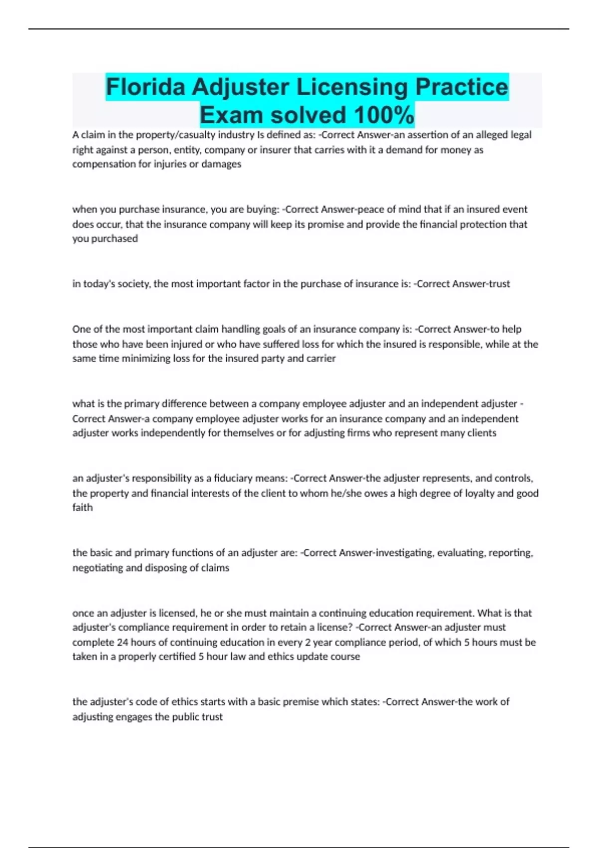 Florida Adjuster Licensing Practice Exam solved 100 Claims Adjuster