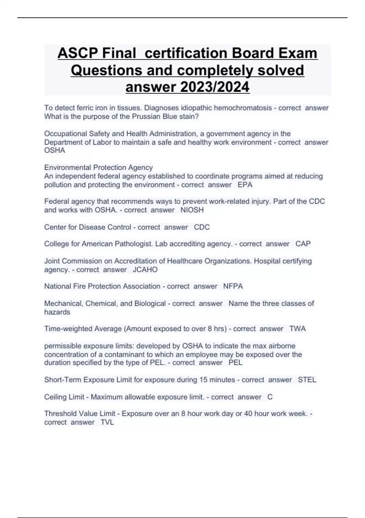 ASCP Final certification Board Exam Questions and completely solved