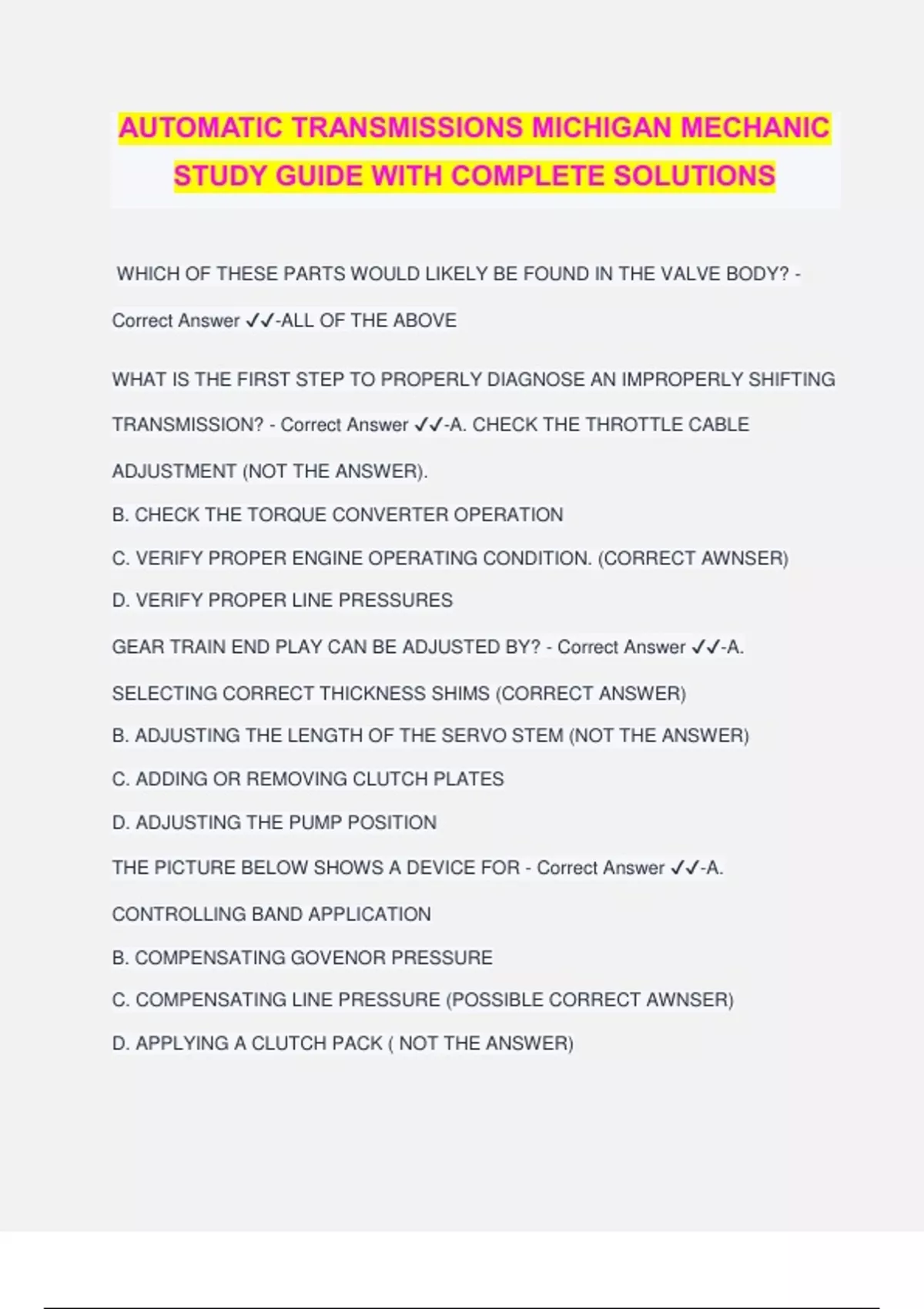 Automatic Transmissions Michigan Mechanic Study Guide With Complete ...
