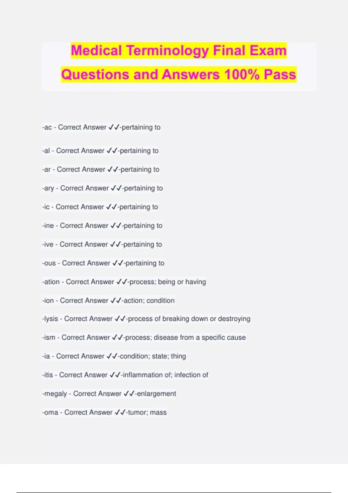 Medical Terminology Final Exam Questions and Answers 100% Pass ...