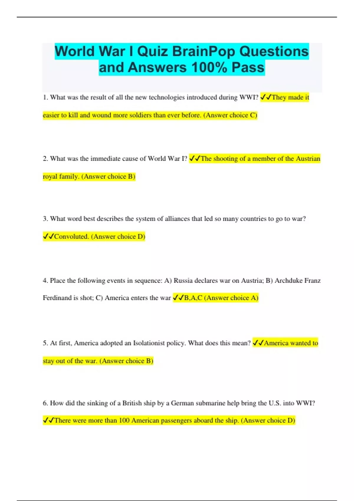 World War I Quiz BrainPop Questions and Answers 100 Pass World War I