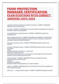 FOOD PROTECTION MANAGER CERTIFICATION EXAM QUESTIONS WITH CORRECT ANSWERS 100% 2024