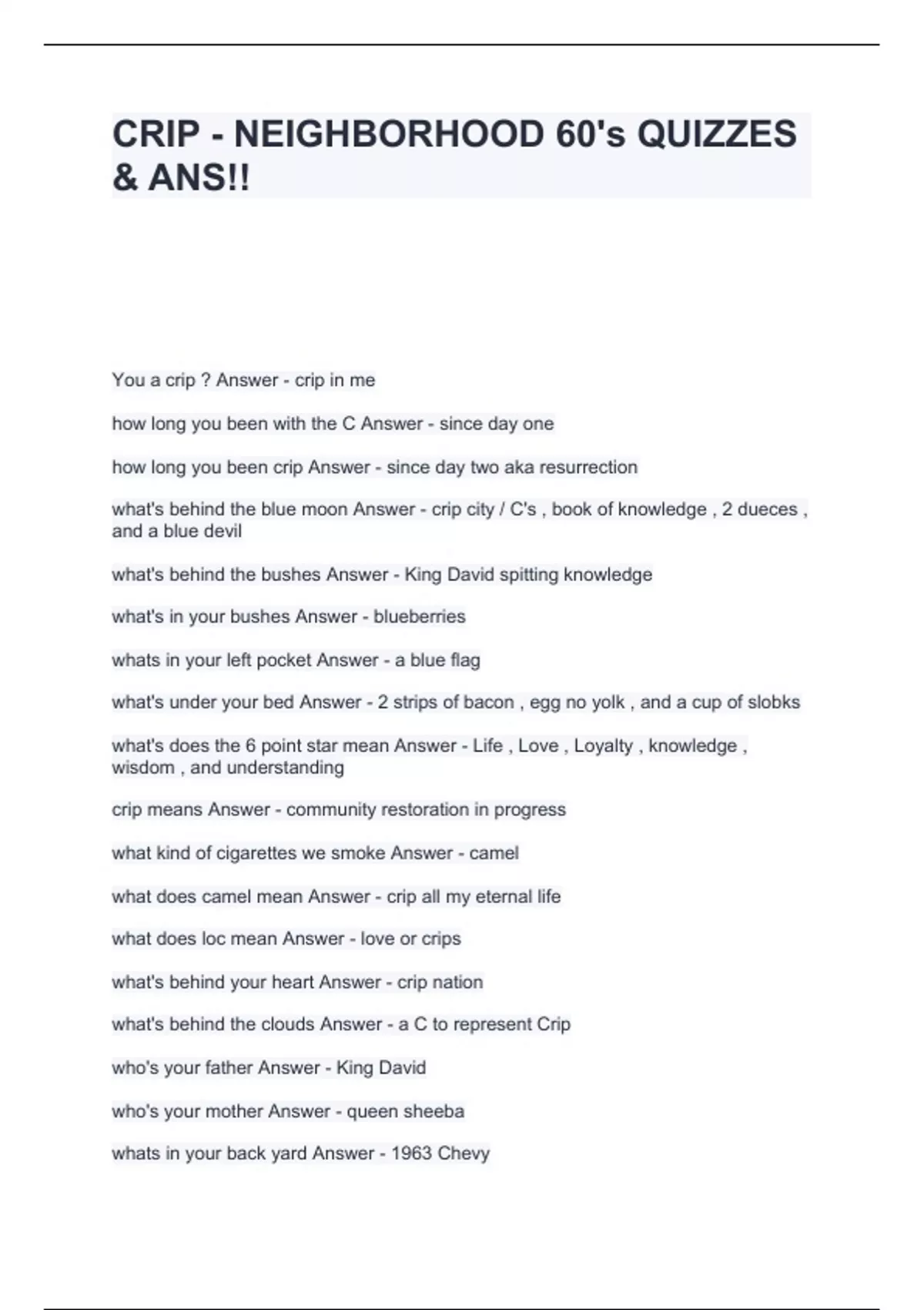 CRIP - NEIGHBORHOOD 60's QUIZZES & ANS!! - CRIP - Stuvia US