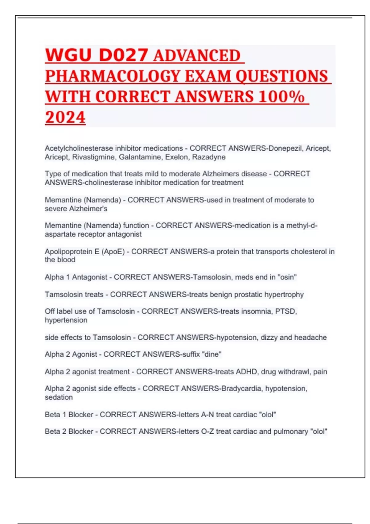 WGU D027 ADVANCED PHARMACOLOGY EXAM QUESTIONS WITH CORRECT ANSWERS 100% ...