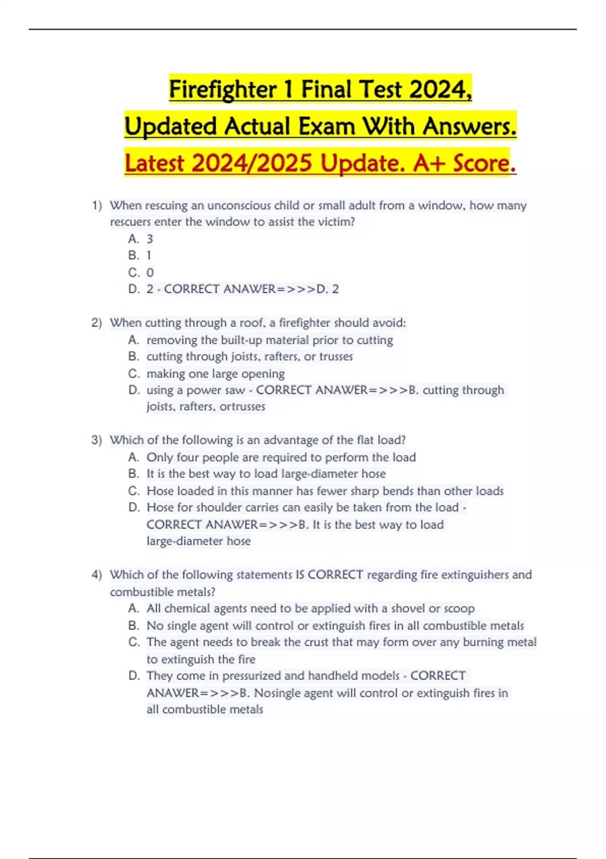 Firefighter 1 Final Test 2024, Updated Actual Exam With Answers. Latest ...