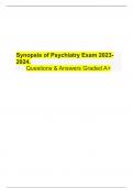 Synopsis of Psychiatry Exam 2023- 2024.  Questions & Answers Graded A+