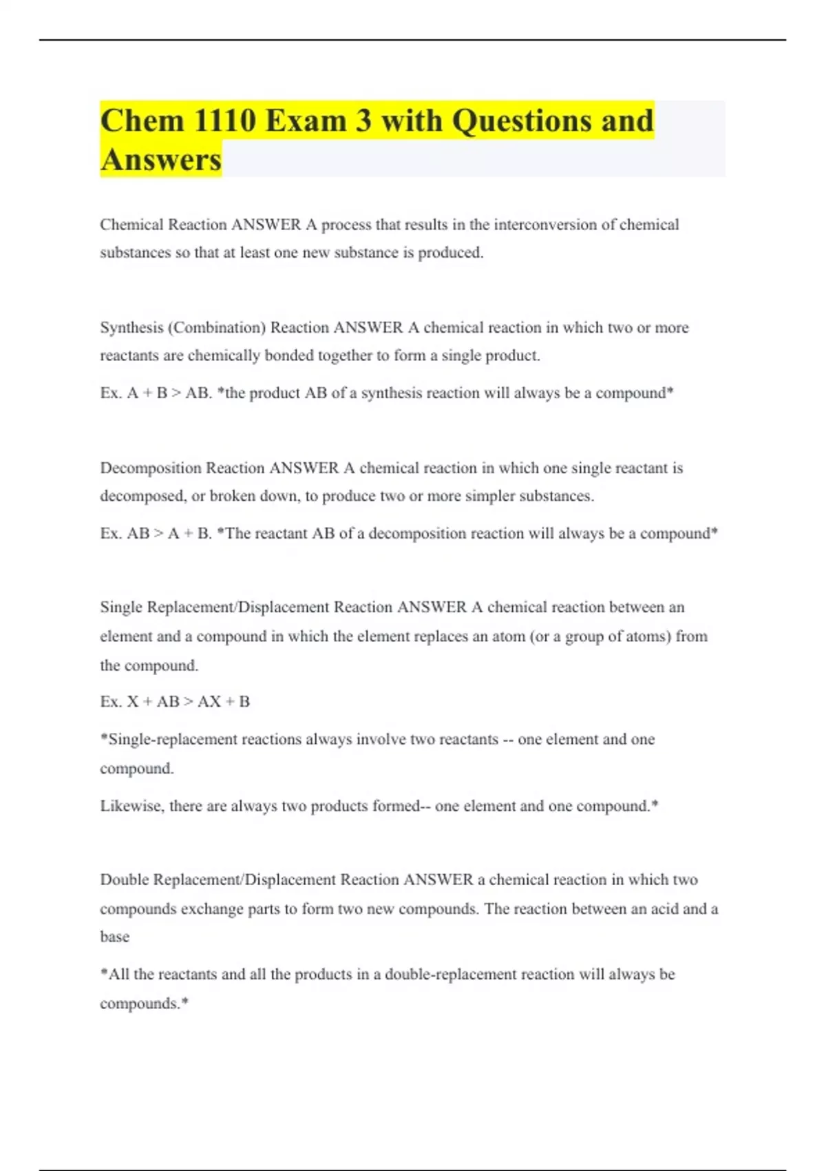 Chem 1110 Exam 3 with Questions and Answers - Chem 1110 - Stuvia US