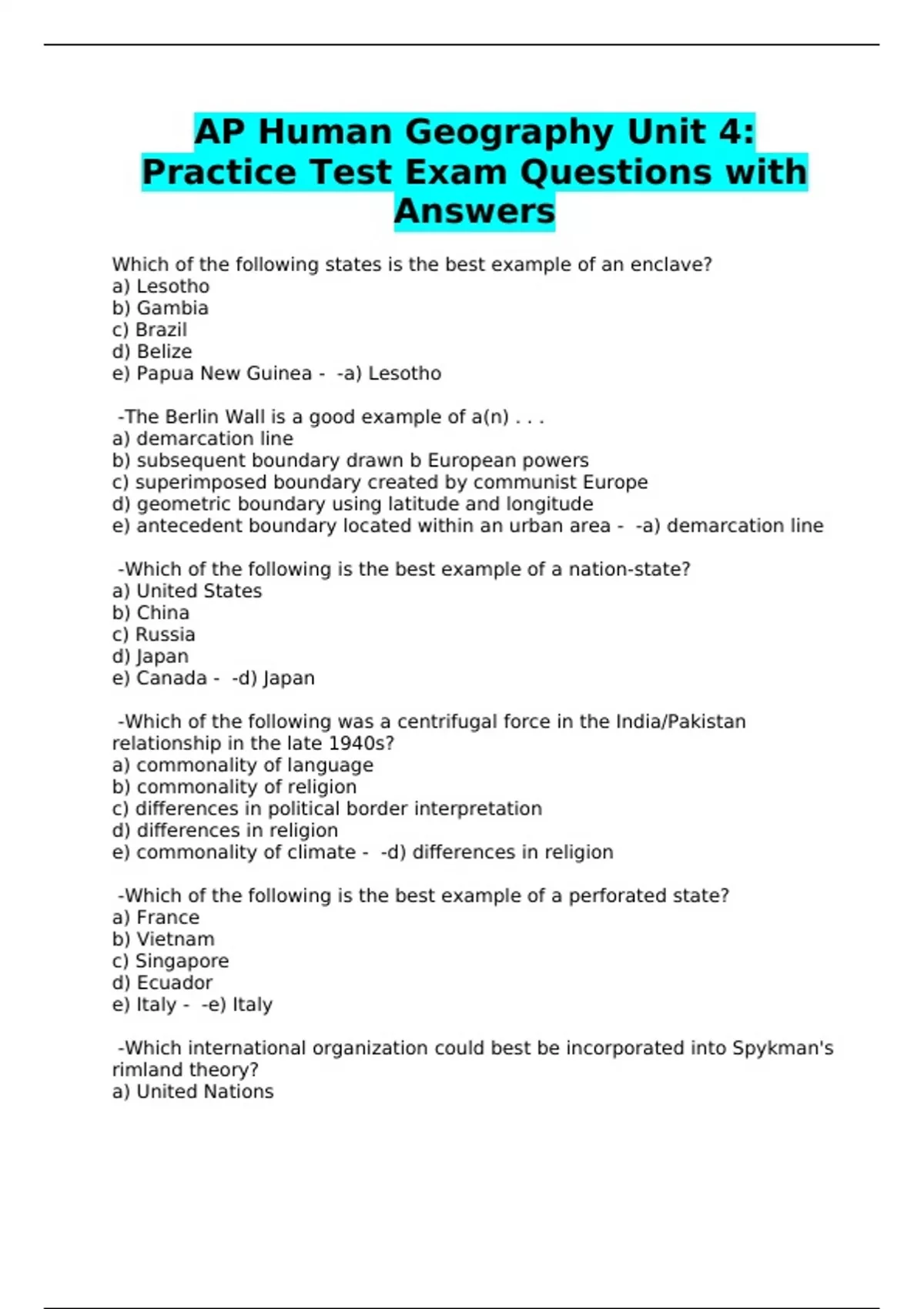 AP Human Geography Unit 4: Practice Test Exam Questions with Answers ...