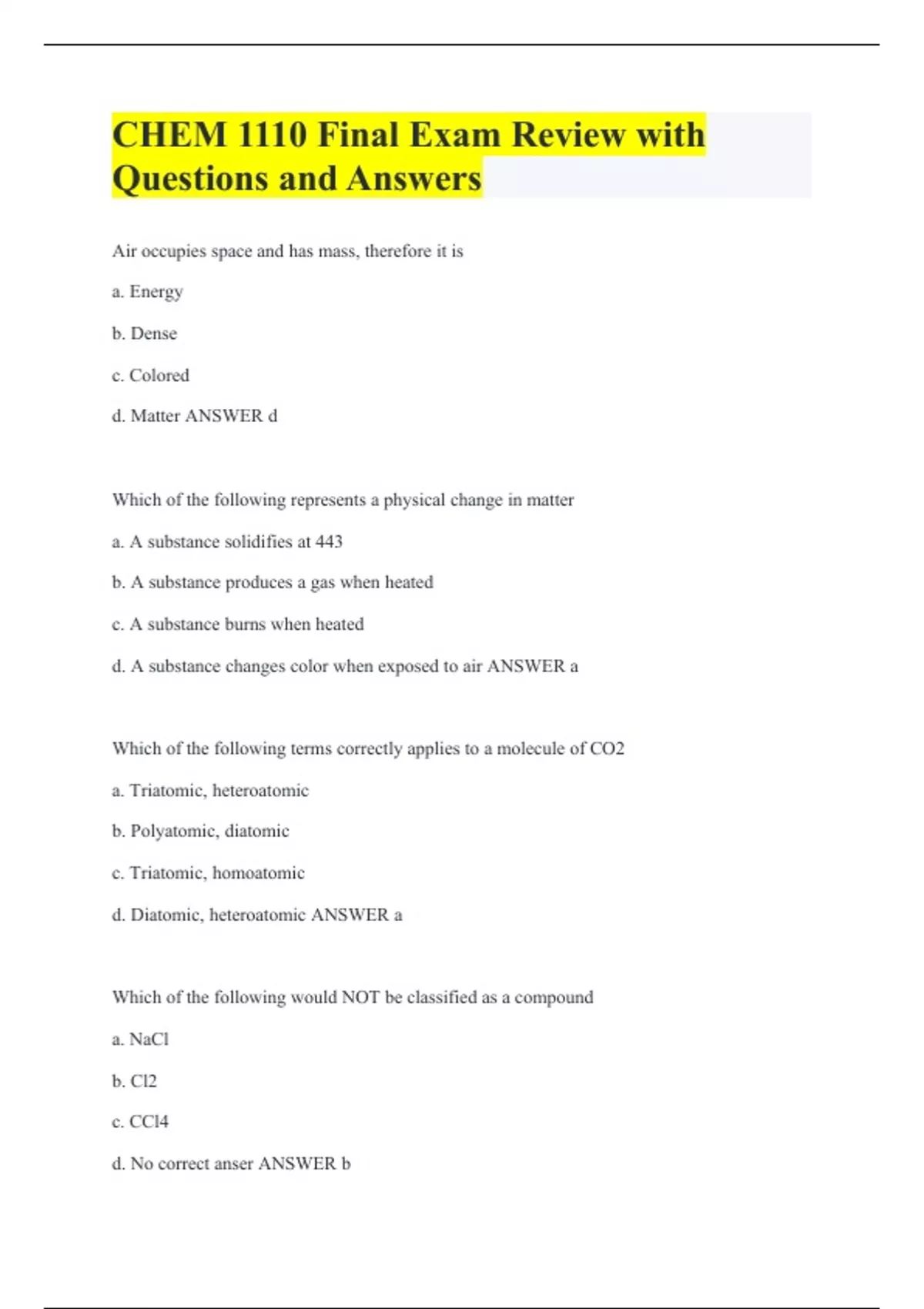 CHEM 1110 Final Exam Review with Questions and Answers - CHEM 1110 ...