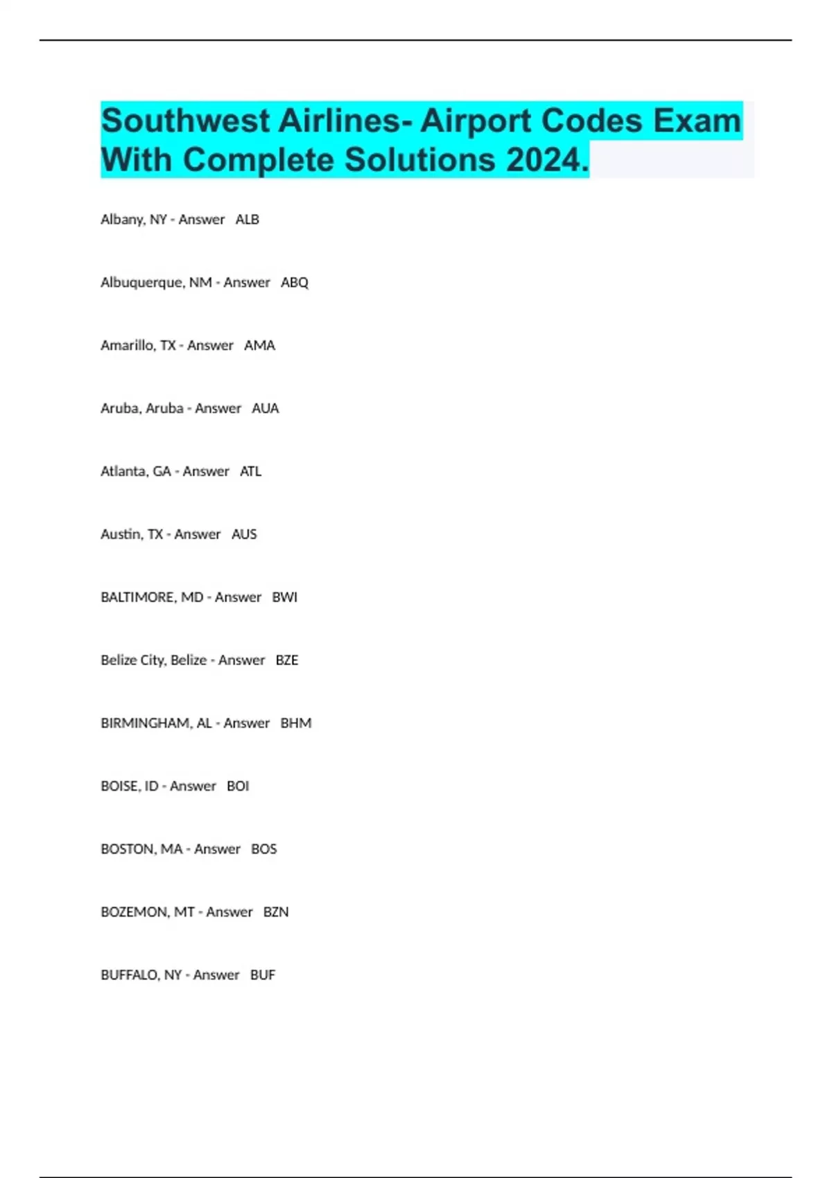Southwest Airlines- Airport Codes Exam With Complete Solutions 2024