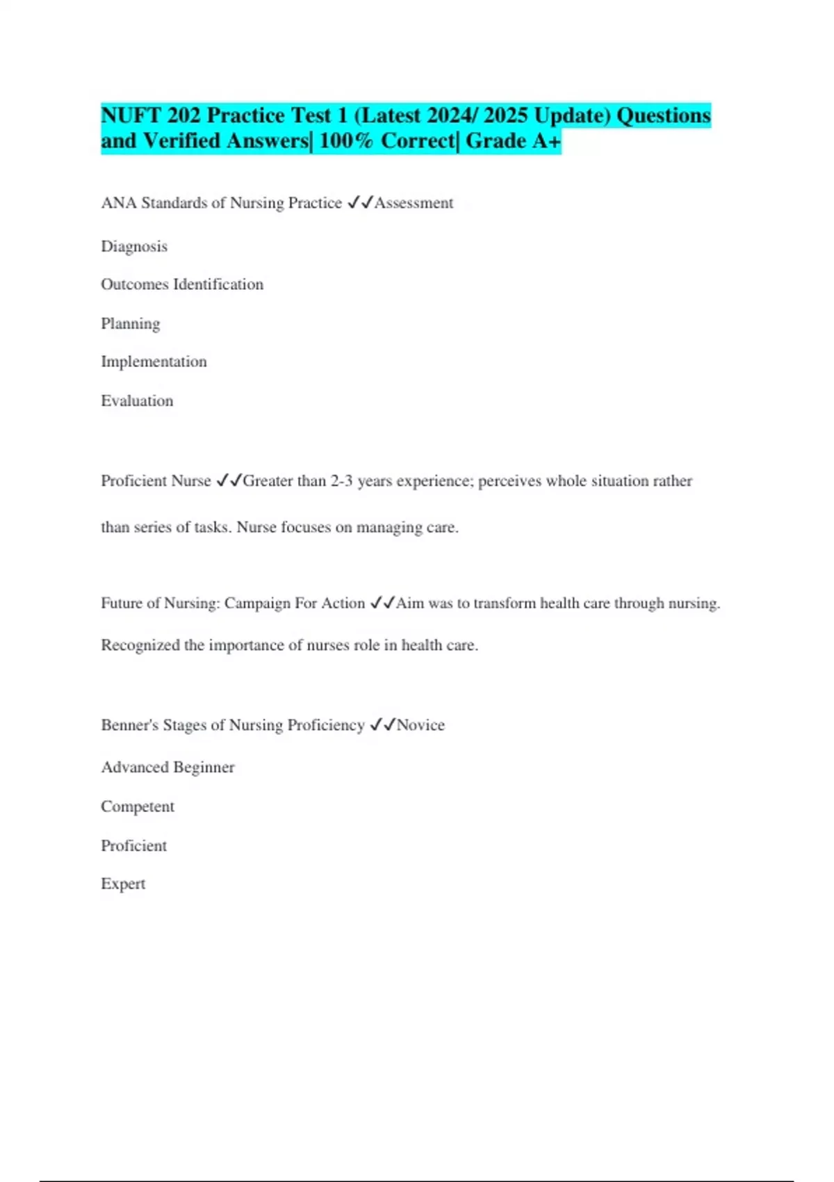 NUFT 202 Practice Test 1 (Latest 2024/ 2025 Update) Questions and ...
