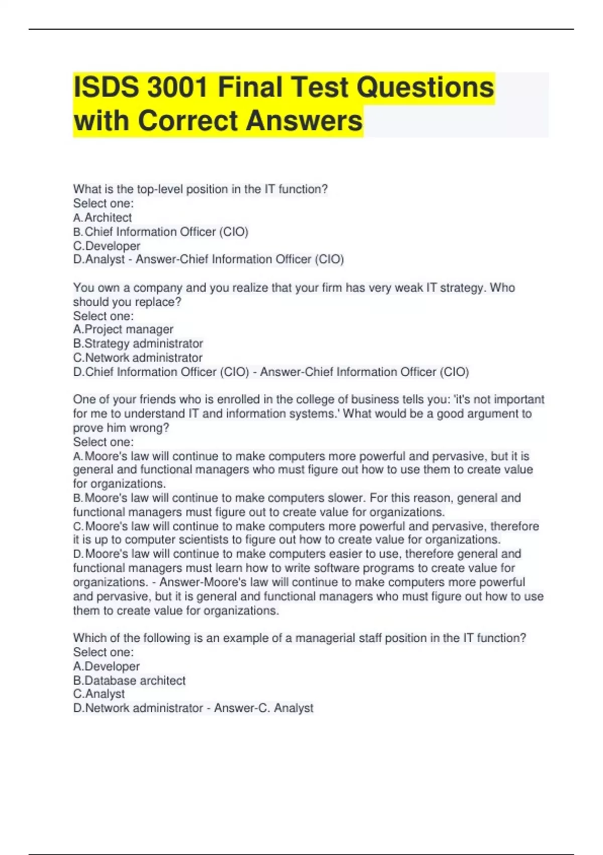 ISDS 3001 Final Test Questions with Correct Answers - ISDS 3001 - Stuvia US