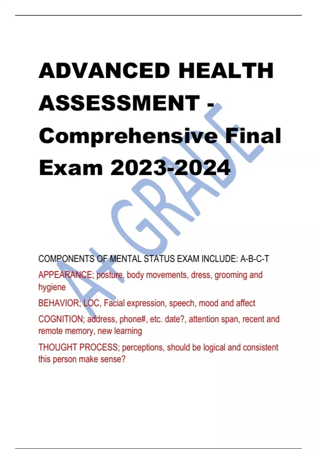 ADVANCED HEALTH ASSESSMENT - Comprehensive Final Exam - ADVANCED HEALTH ...