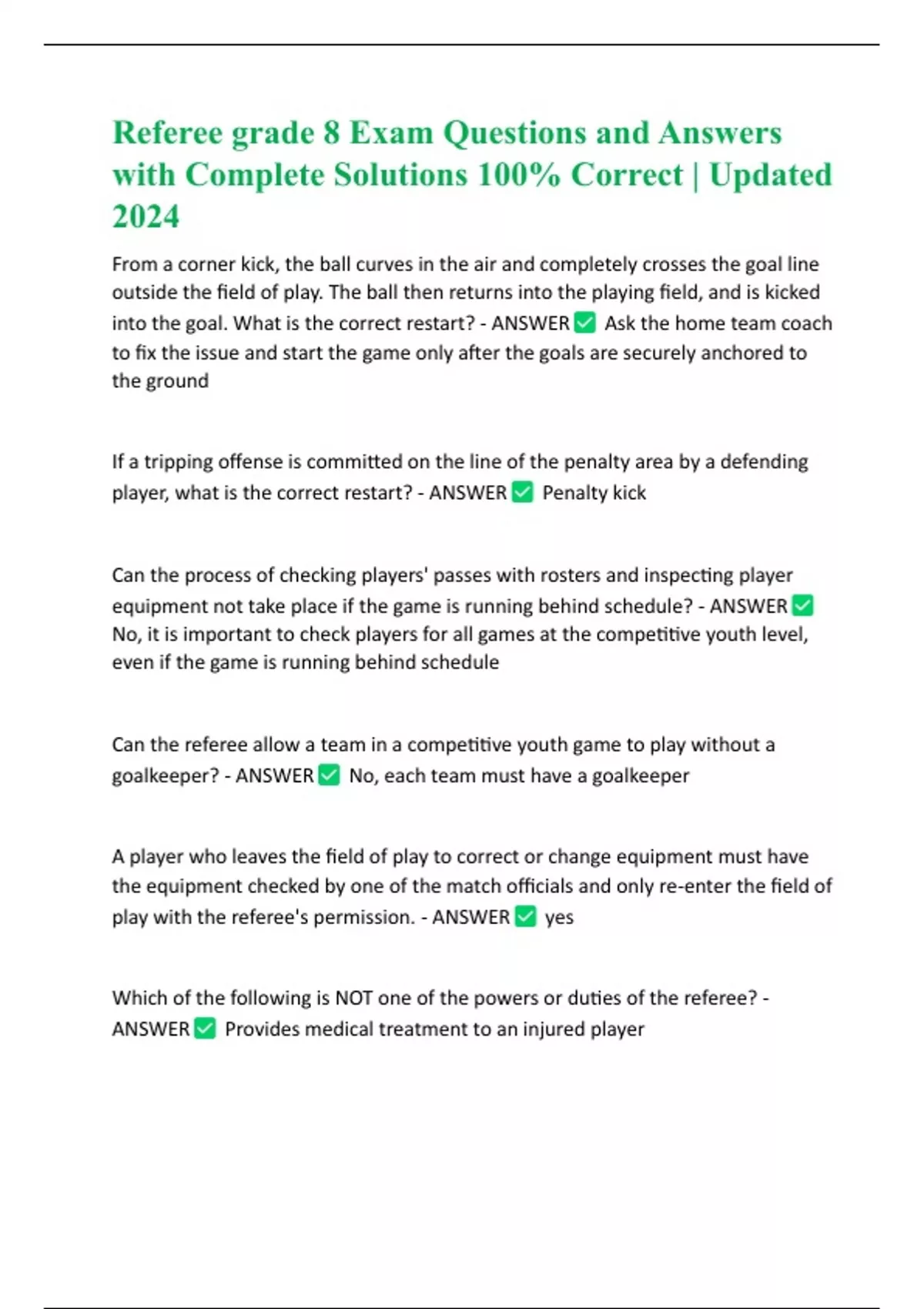 Referee grade 8 Exam Questions and Answers with Complete Solutions 100% ...