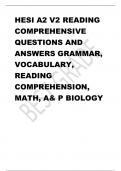 HESI A2 V2 READING  COMPREHENSIVE QUESTIONS AND  ANSWERS GRAMMAR,  VOCABULARY,  READING  COMPREHENSION,  MATH, A& P BIOLOGY