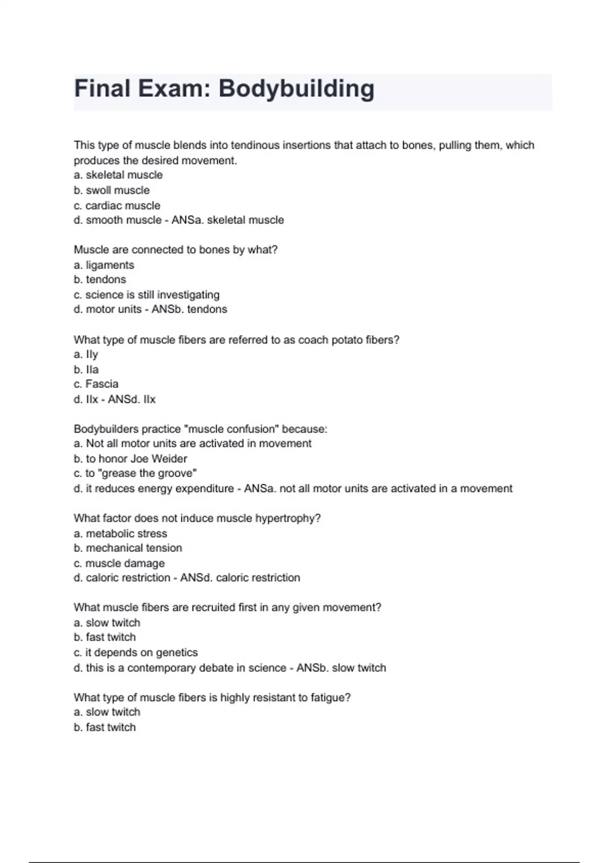 Final Exam Bodybuilding questions and answers A+ score assured 2024/