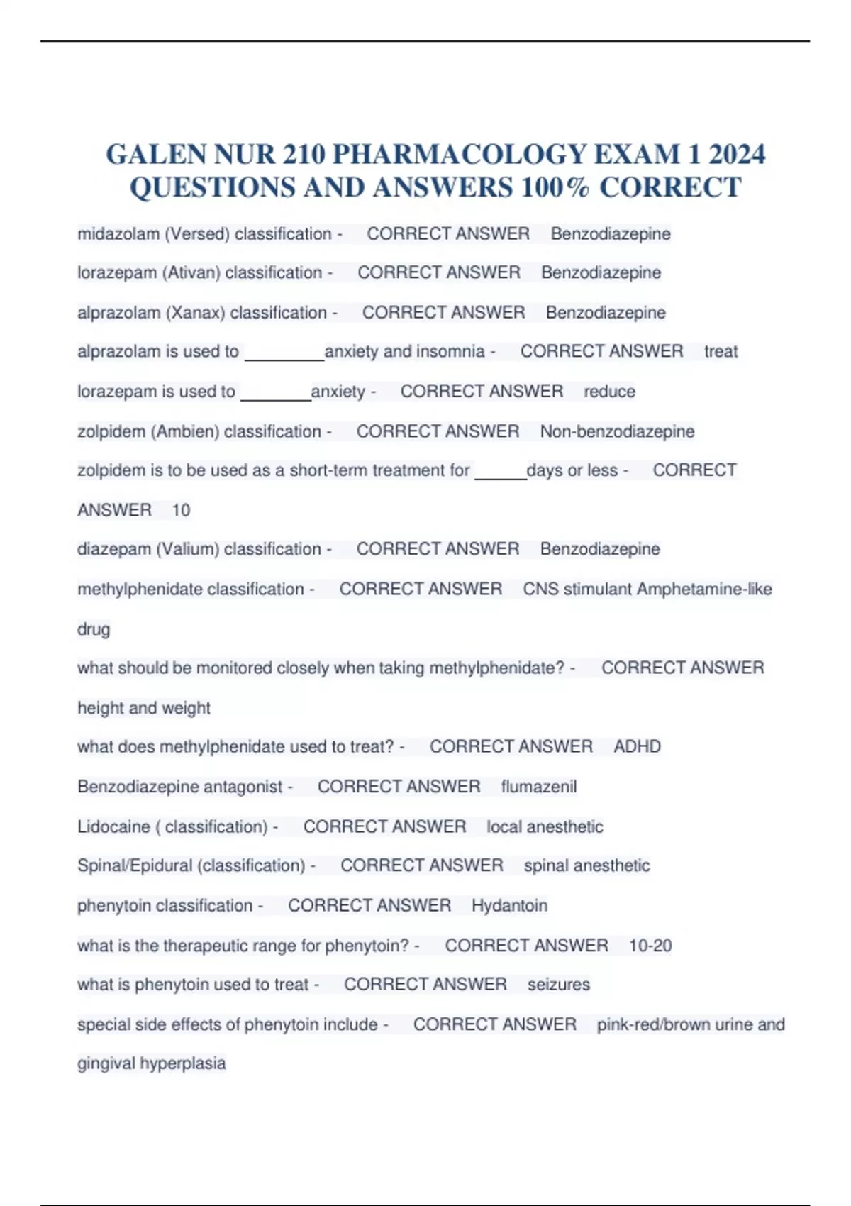 GALEN NUR 210 PHARMACOLOGY EXAM 1 2024 QUESTIONS AND ANSWERS - NUR 210 - Stuvia US