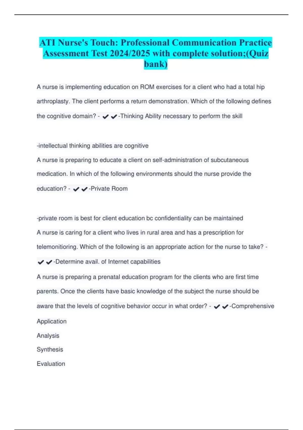 ATI Nurse's Touch Professional Communication Practice Assessment Test