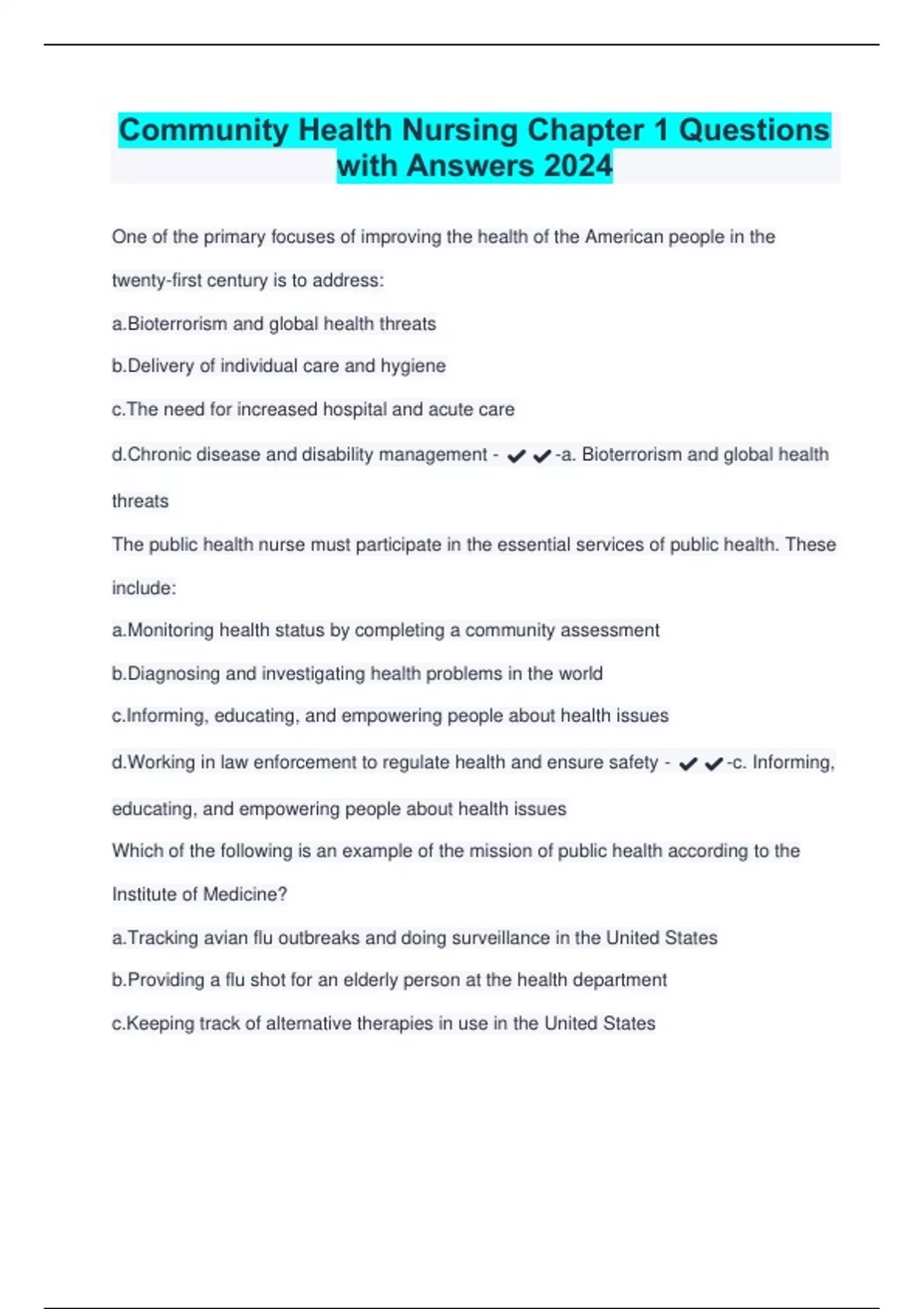 Community Health Nursing Chapter 1 Questions with Answers 2024 ...
