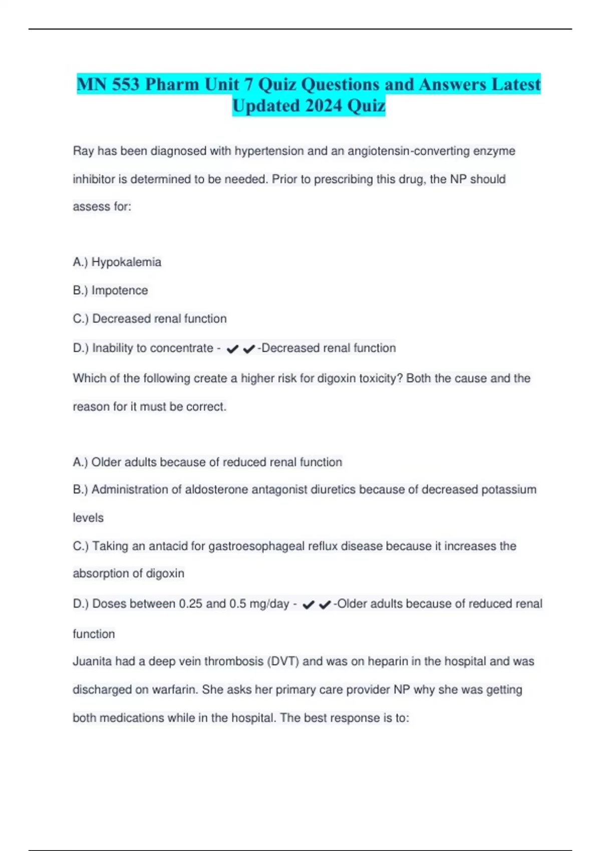MN 553 Pharm Unit 7 Quiz Questions and Answers Latest Updated 2024 Quiz ...