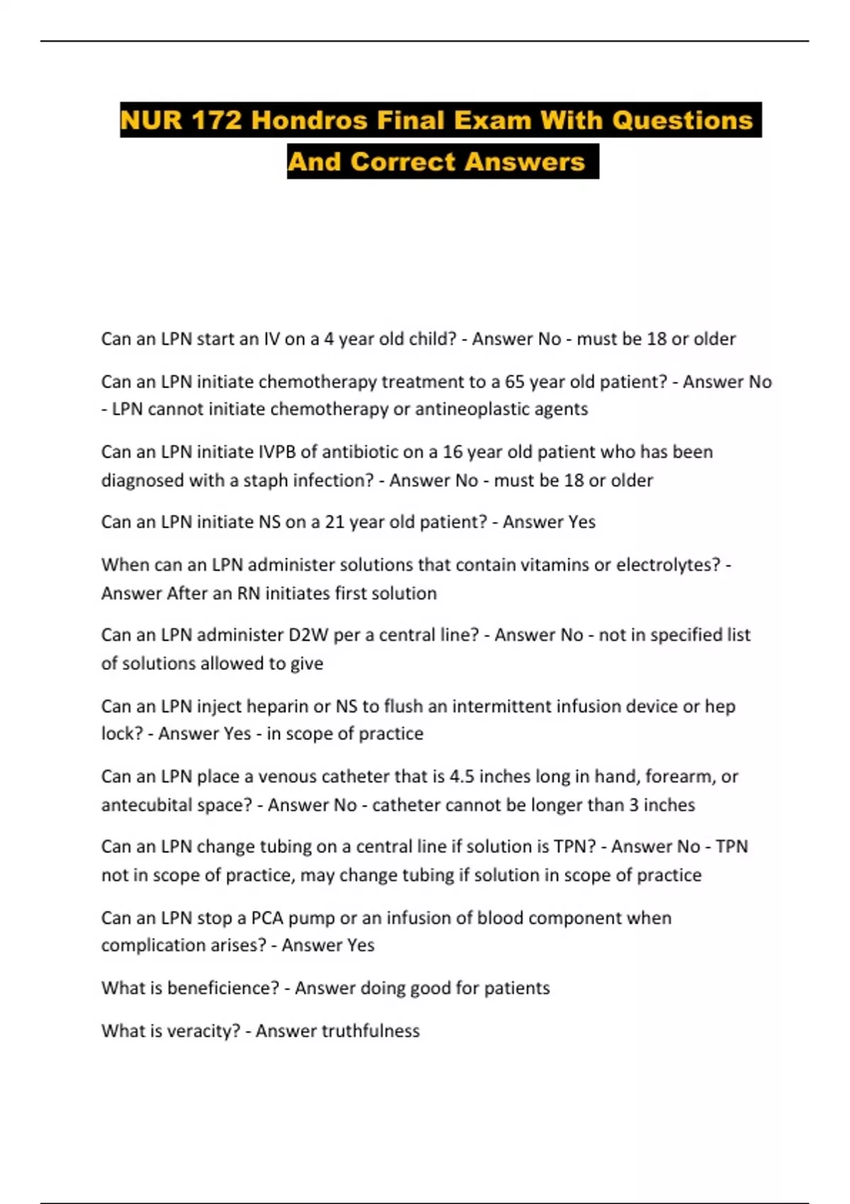 NUR 172 Hondros Final Exam With Questions And Correct Answers - NUR 172 ...