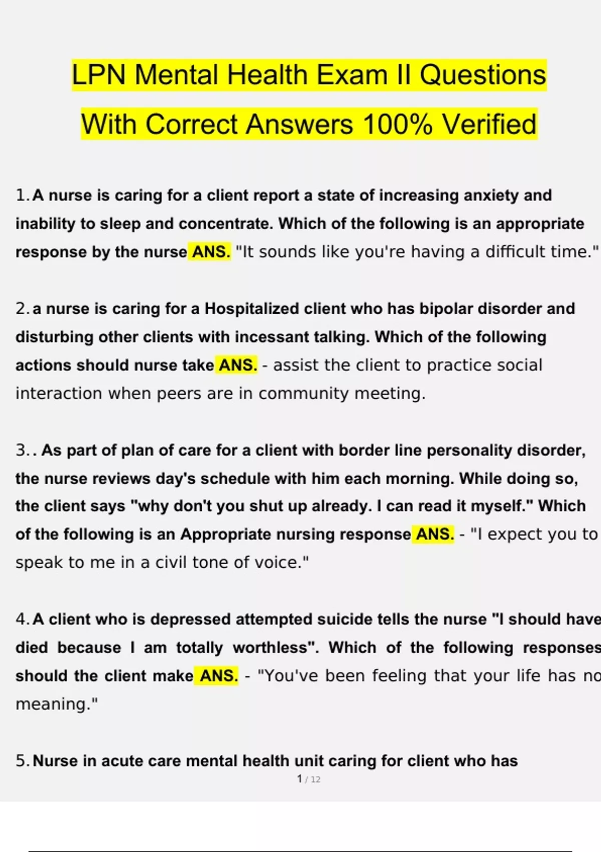 LPN Mental Health Exam II Questions With Correct Answers 100 Verified