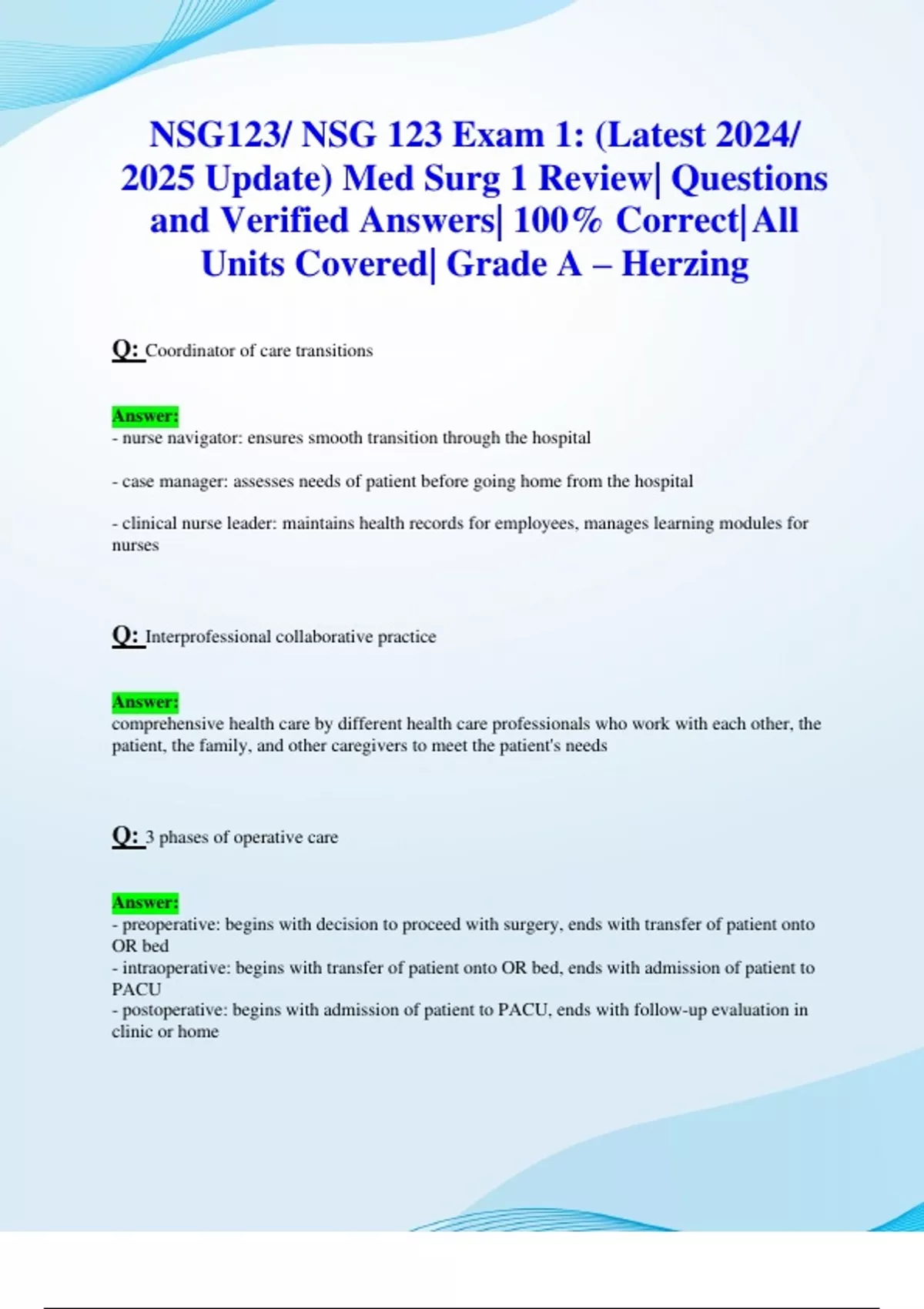 NSG123/ NSG 123 Exam 1: (Latest 2024/ 2025 Update) Med Surg 1 Review ...