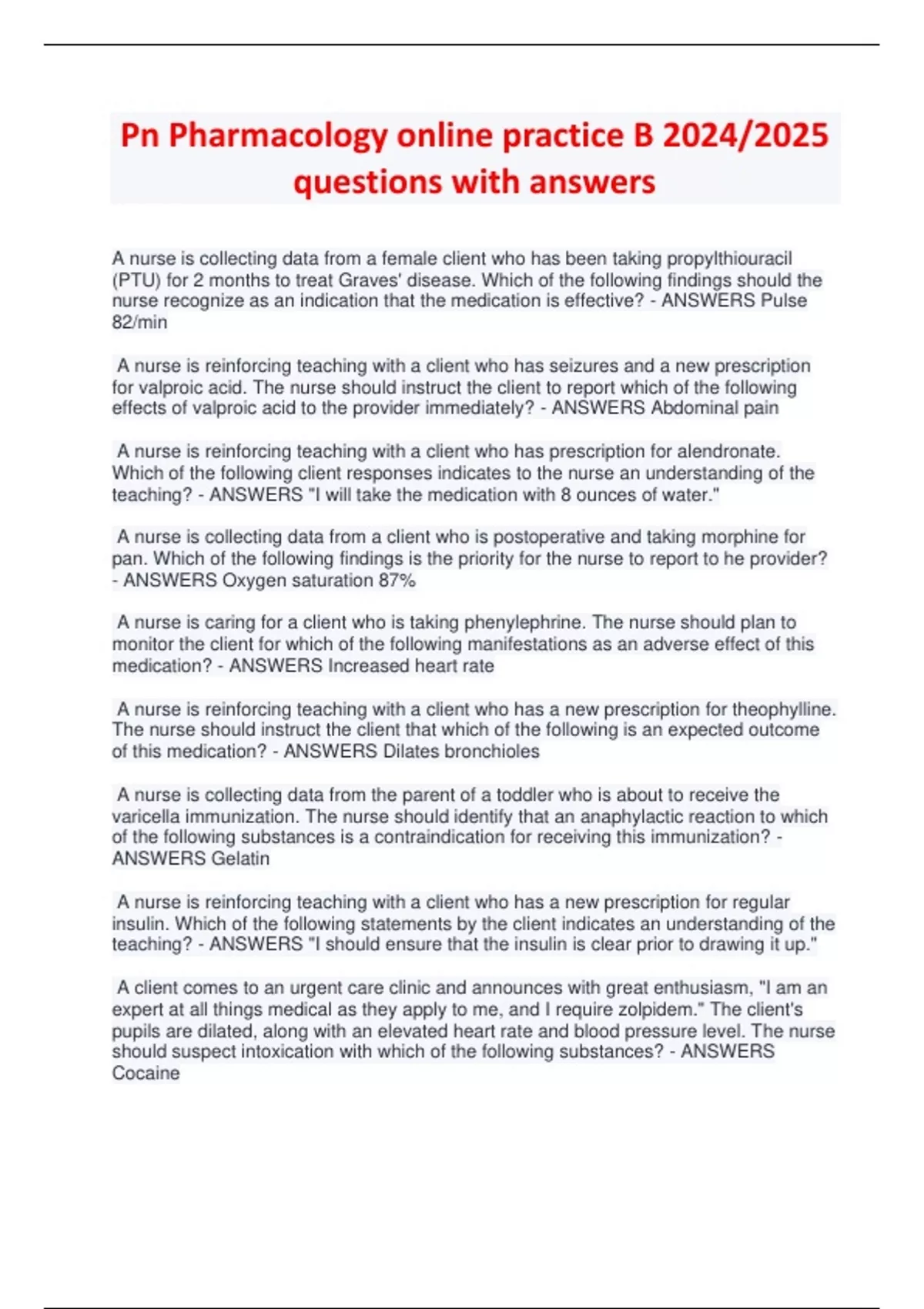 Pn Pharmacology online practice B 2024/2025 questions with answers - Pn