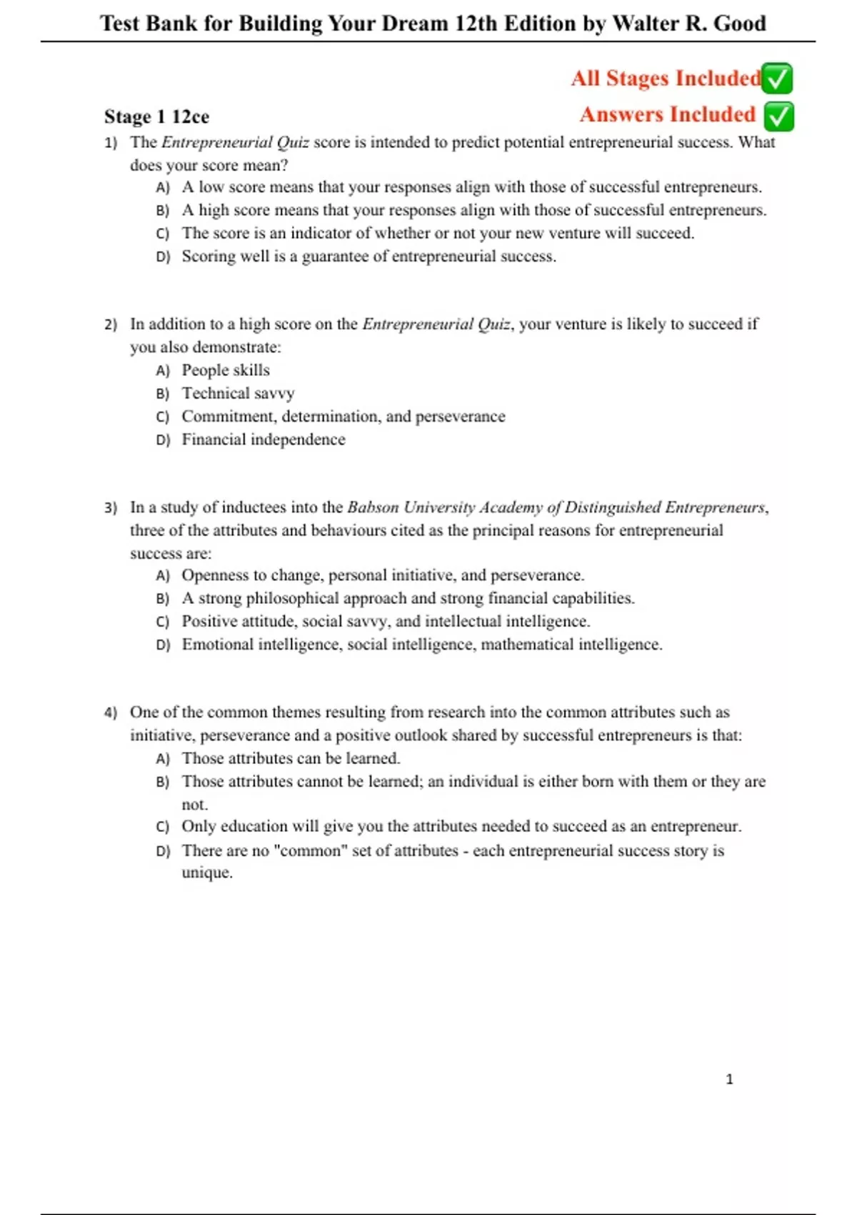 Test Bank for Building Your Dream, 12th Edition by Walter R. Good ...