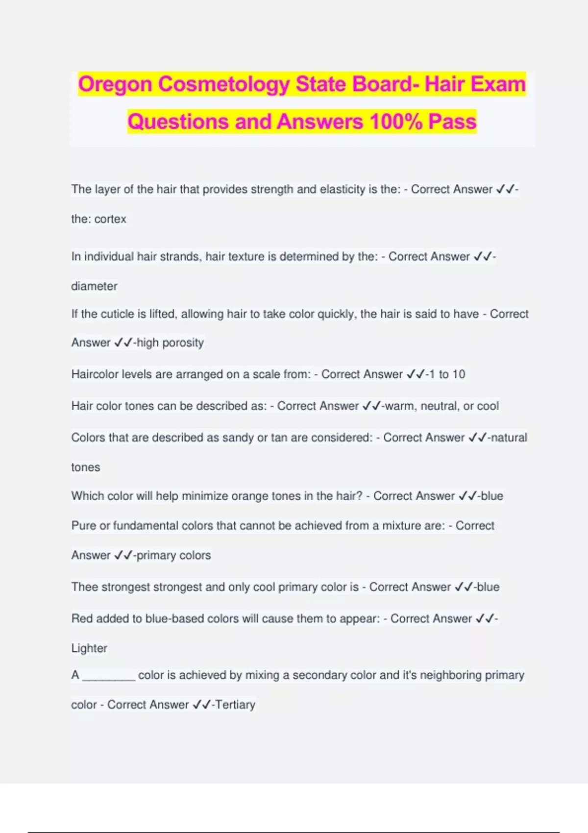 Oregon Cosmetology State Board Hair Exam Questions and Answers 100
