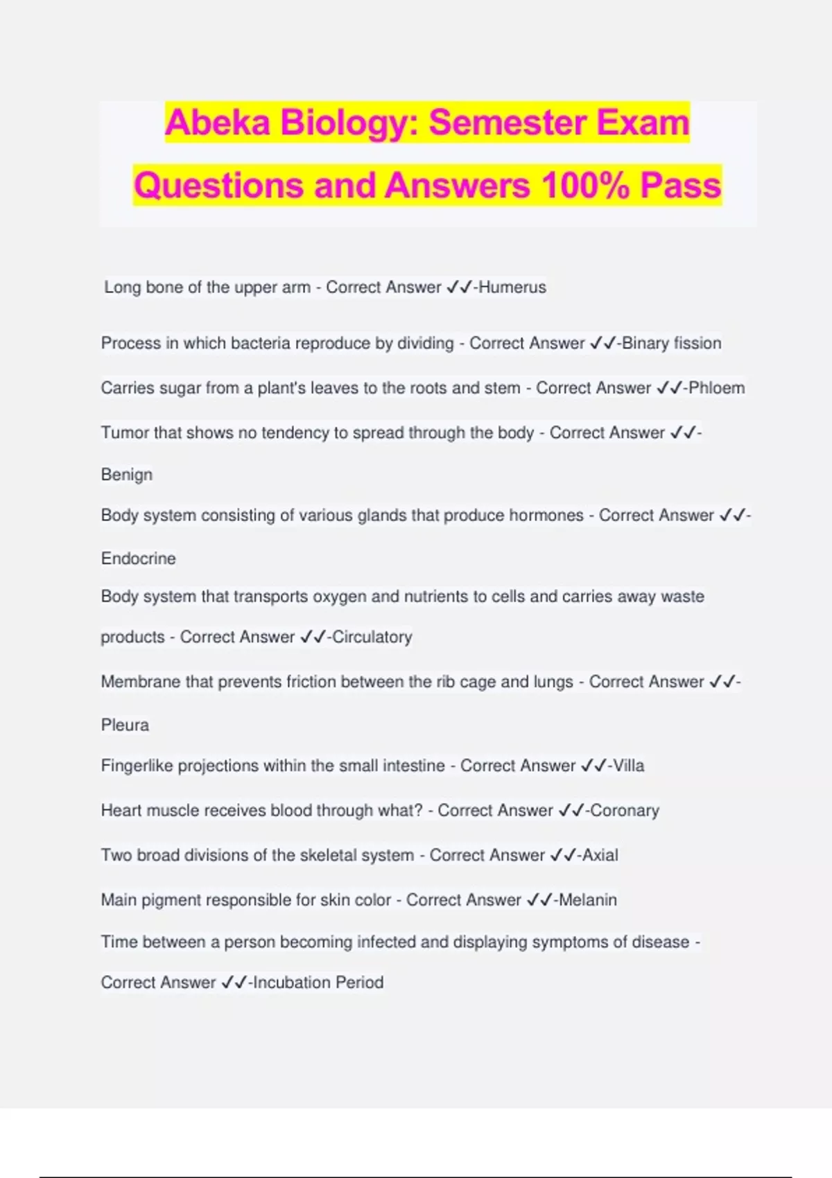 Abeka Biology: Semester Exam Questions and Answers 100% Pass - Abeka ...