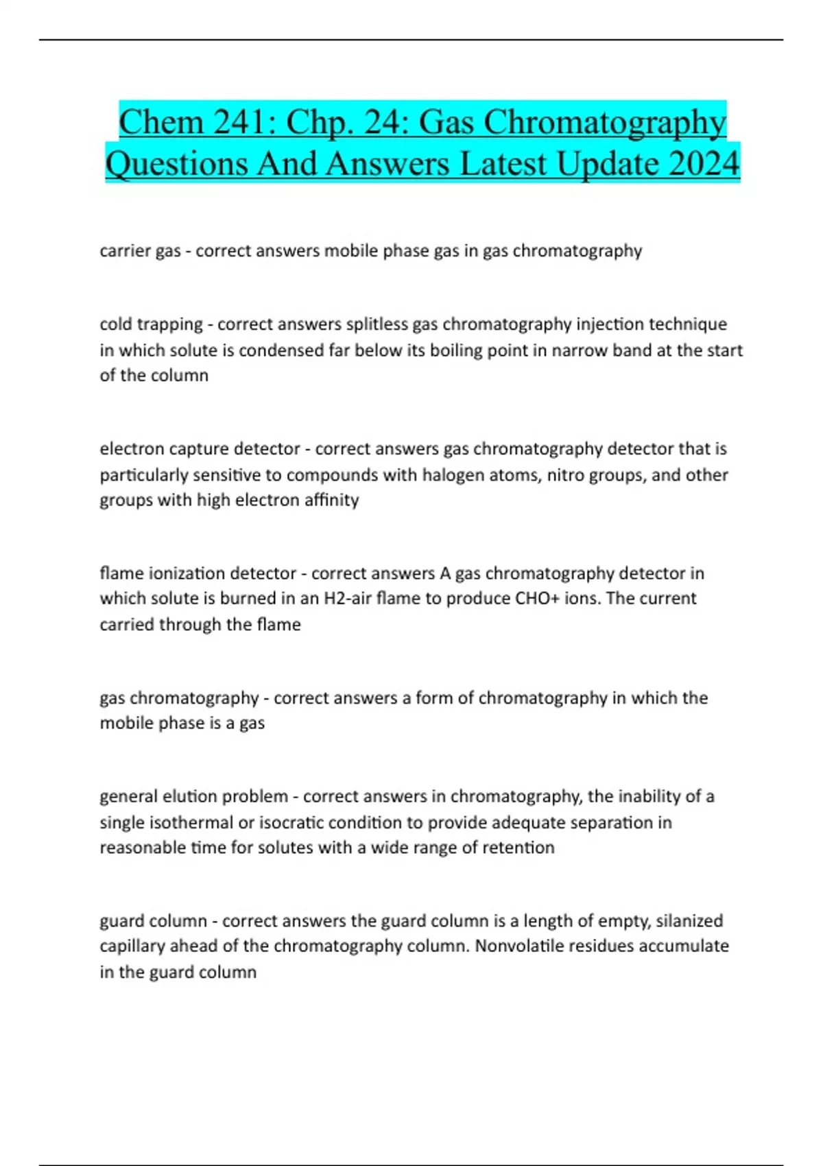Chem 241 Chp. 24 Gas Chromatography Questions And Answers Latest