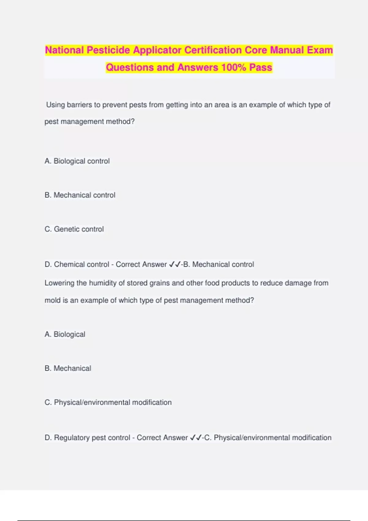 National Pesticide Applicator Certification Core Manual Exam Questions