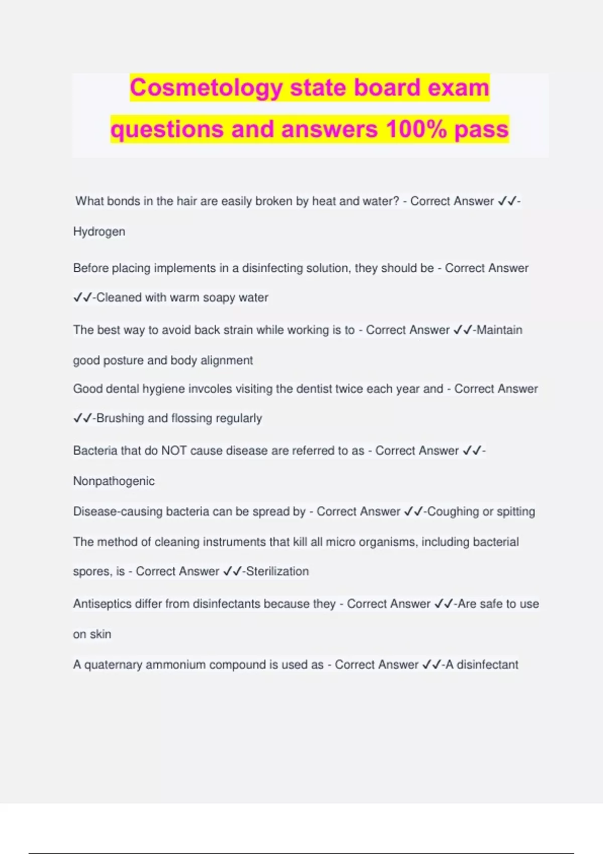 Cosmetology state board exam questions and answers 100% pass ...