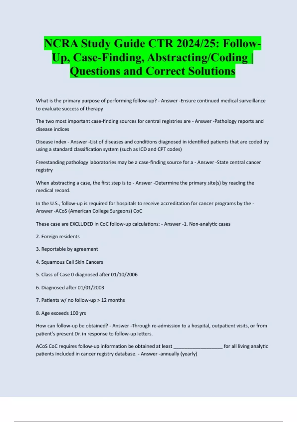 NCRA Study Guide CTR 2024/25: FollowUp, Case-Finding, Abstracting ...