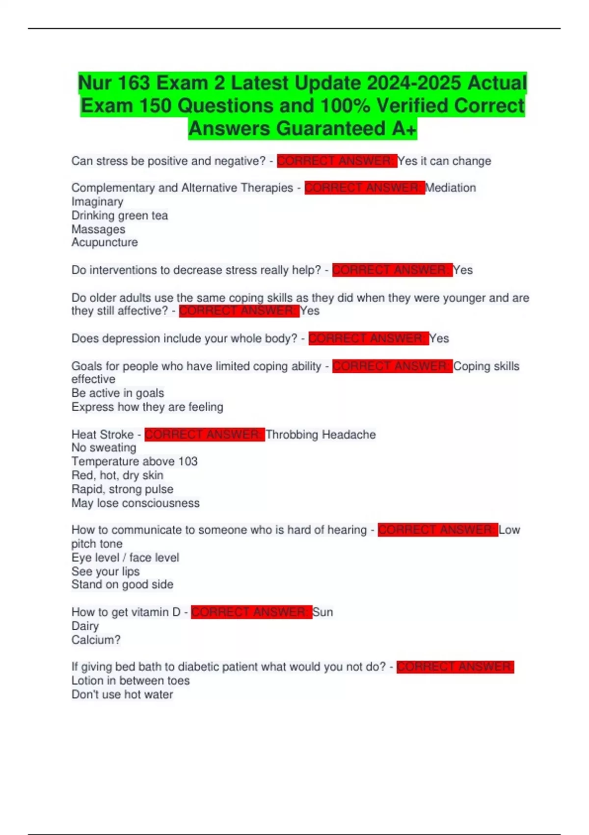 Nur 163 Exam 2 Latest Update Actual Exam 150 Questions and 100% ...