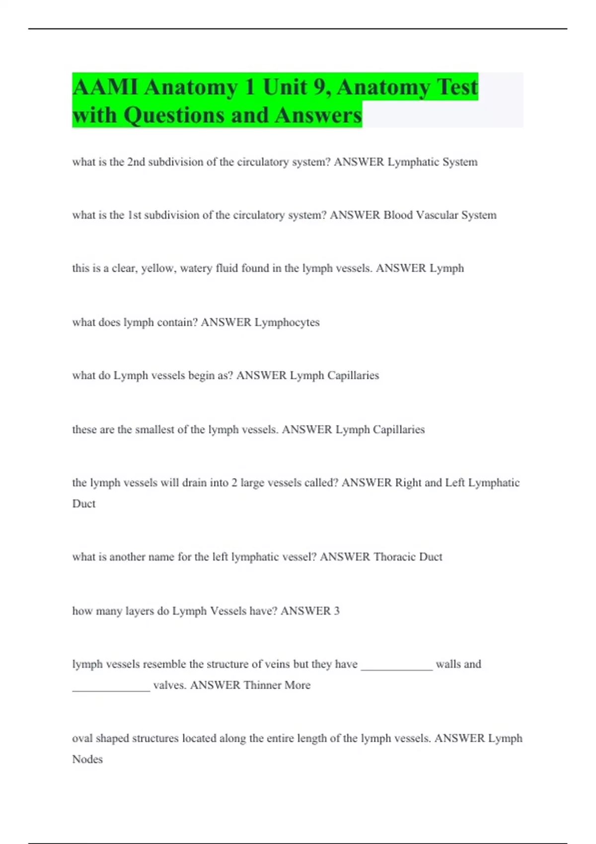 AAMI Anatomy 1 Unit 9, Anatomy Test with Questions and Answers ...