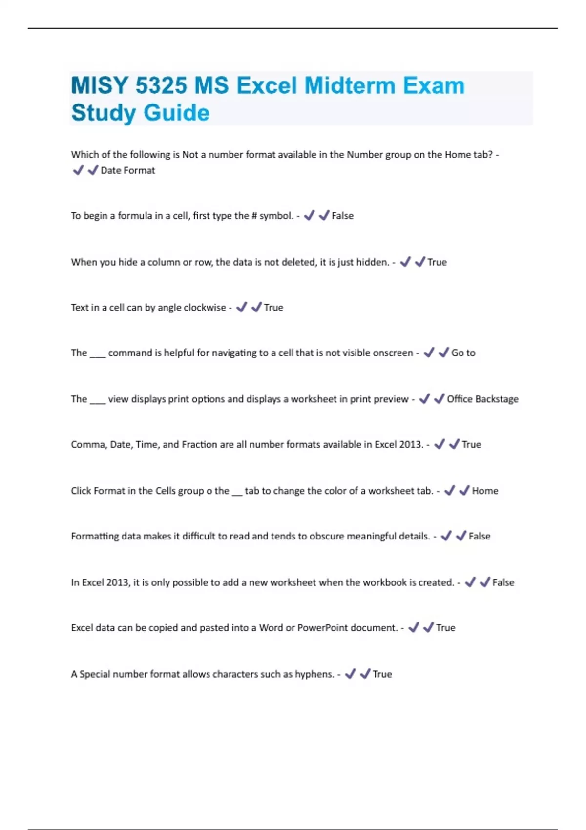 MISY 5325 MS Excel Midterm Exam Study Guide Questions And Answers 2024 ...