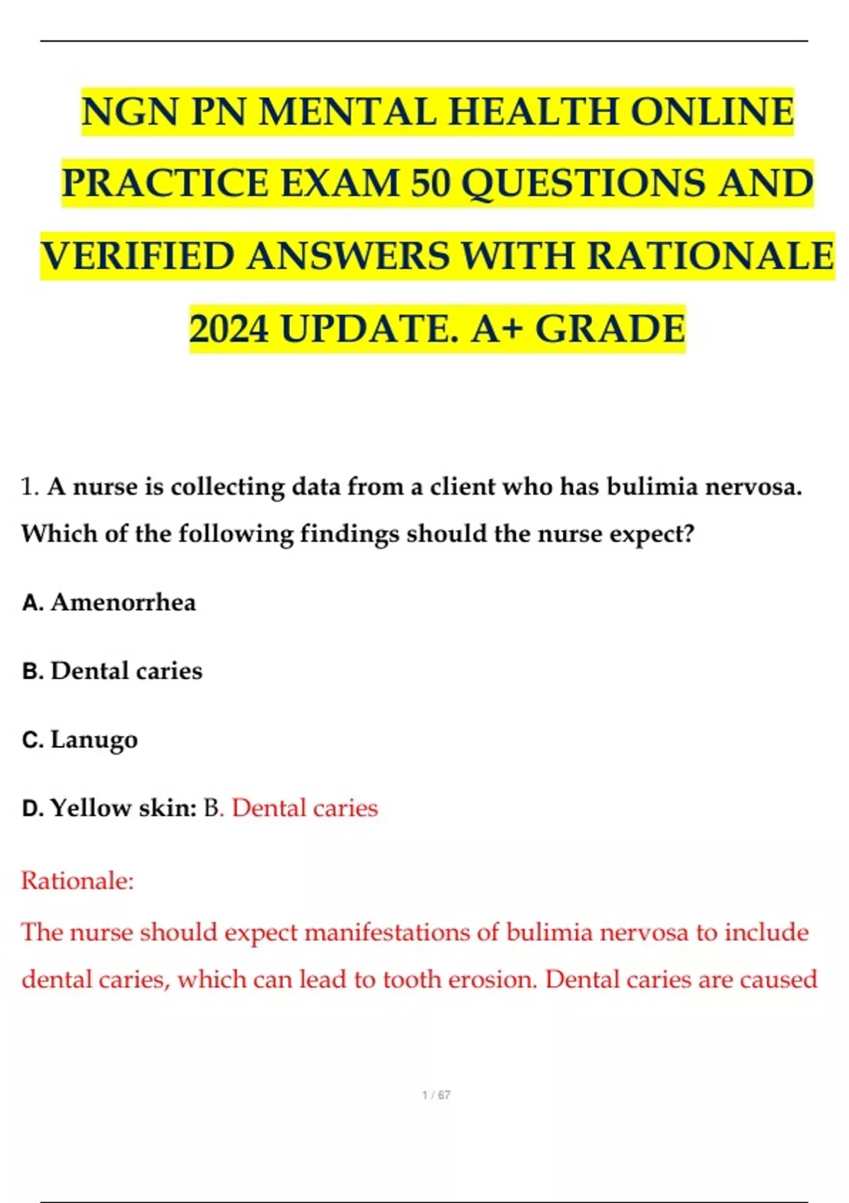 NGN PN MENTAL HEALTH ONLINE PRACTICE EXAM 50 QUESTIONS AND VERIFIED ...
