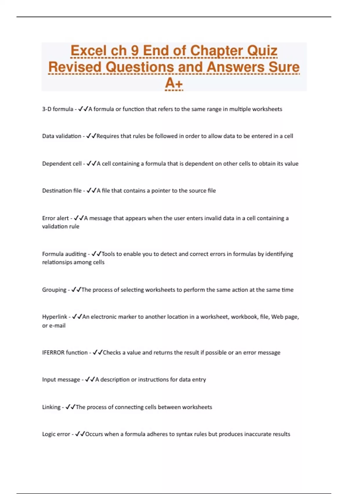 Excel ch 9 End of Chapter Quiz Revised Questions and Answers Sure A+ ...