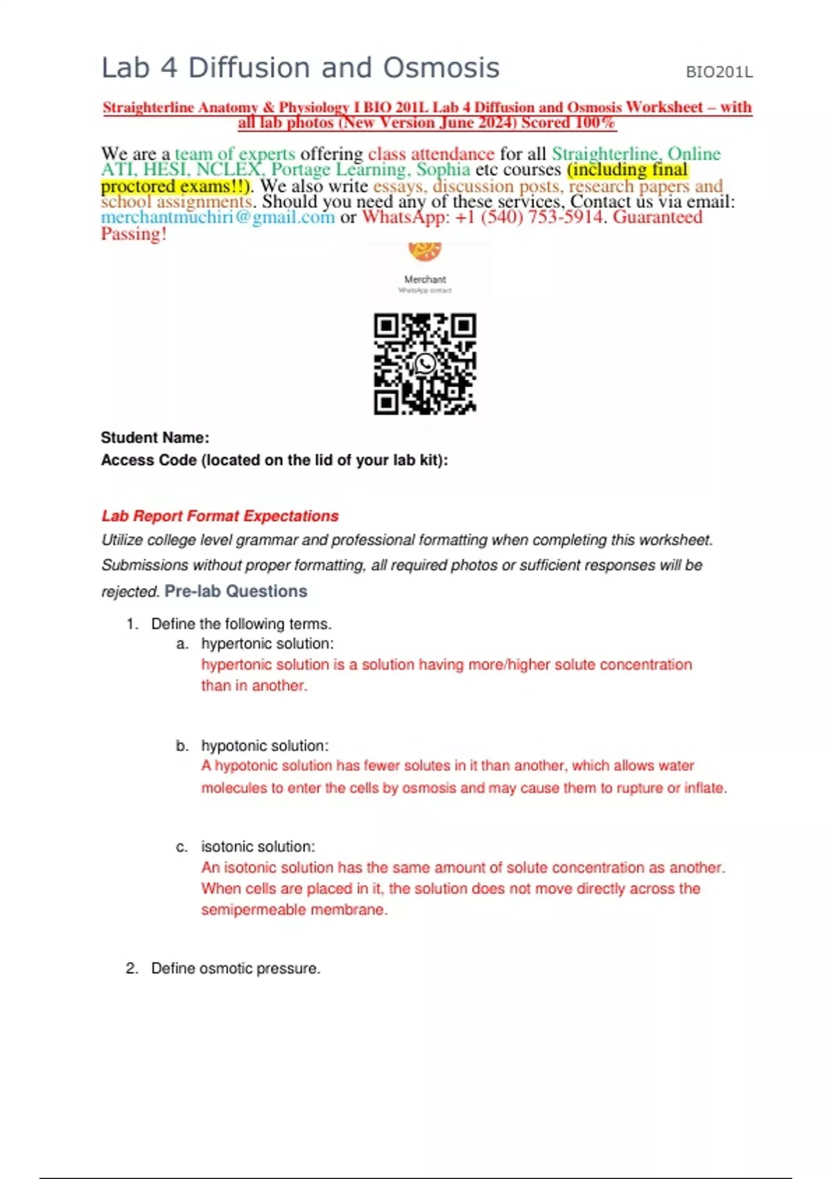 Lab 4 Diffusion and Osmosis BIO201L Straighterline Anatomy & Physiology