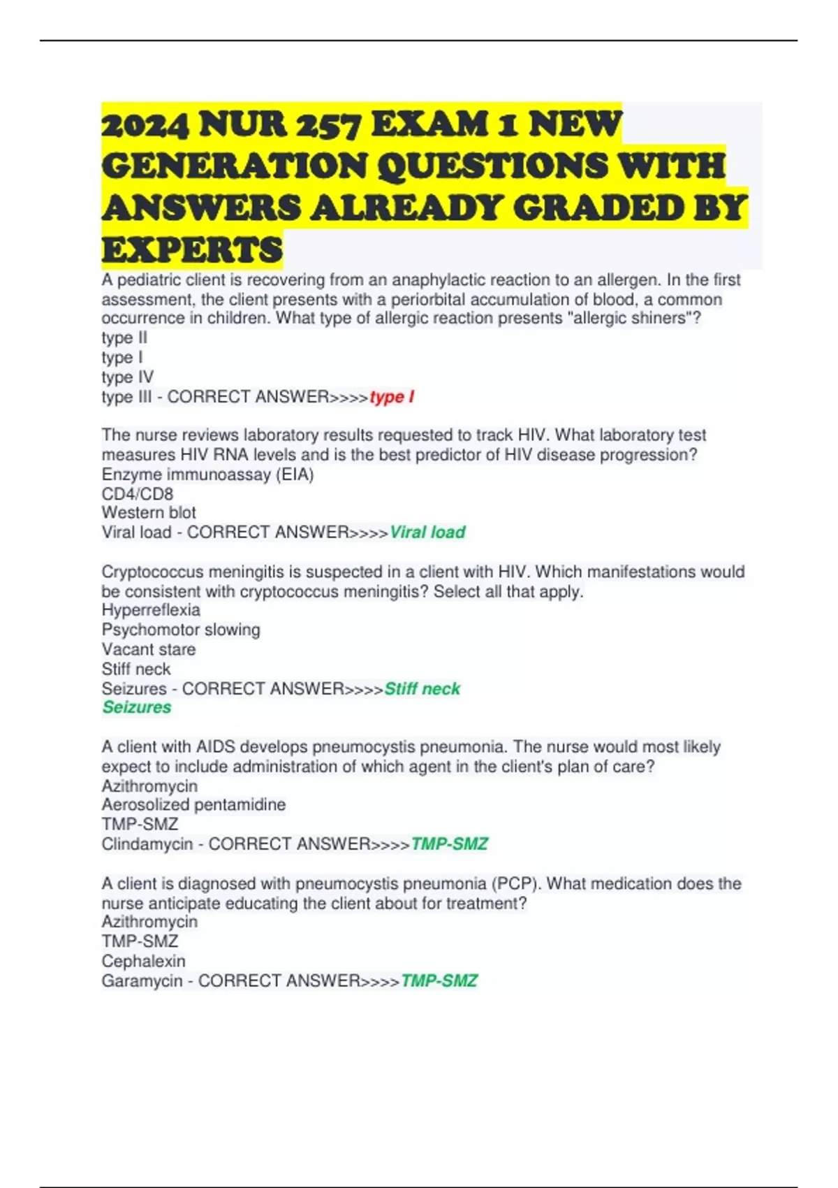 2024 NUR 257 EXAM 1 NEW GENERATION QUESTIONS WITH ANSWERS ALREADY ...