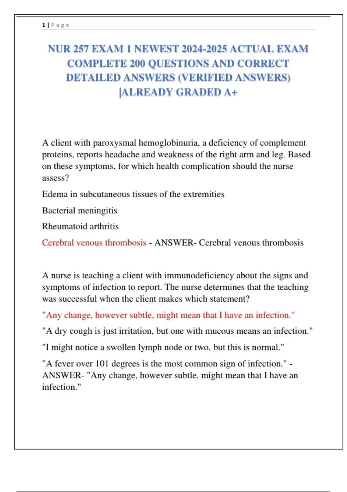 NUR 257 EXAM 1 NEWEST ACTUAL EXAM COMPLETE 200 QUESTIONS AND CORRECT ...