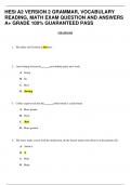 HESI A2 VERSION 2 GRAMMAR, VOCABULARY READING, MATH EXAM QUESTION AND ANSWERS