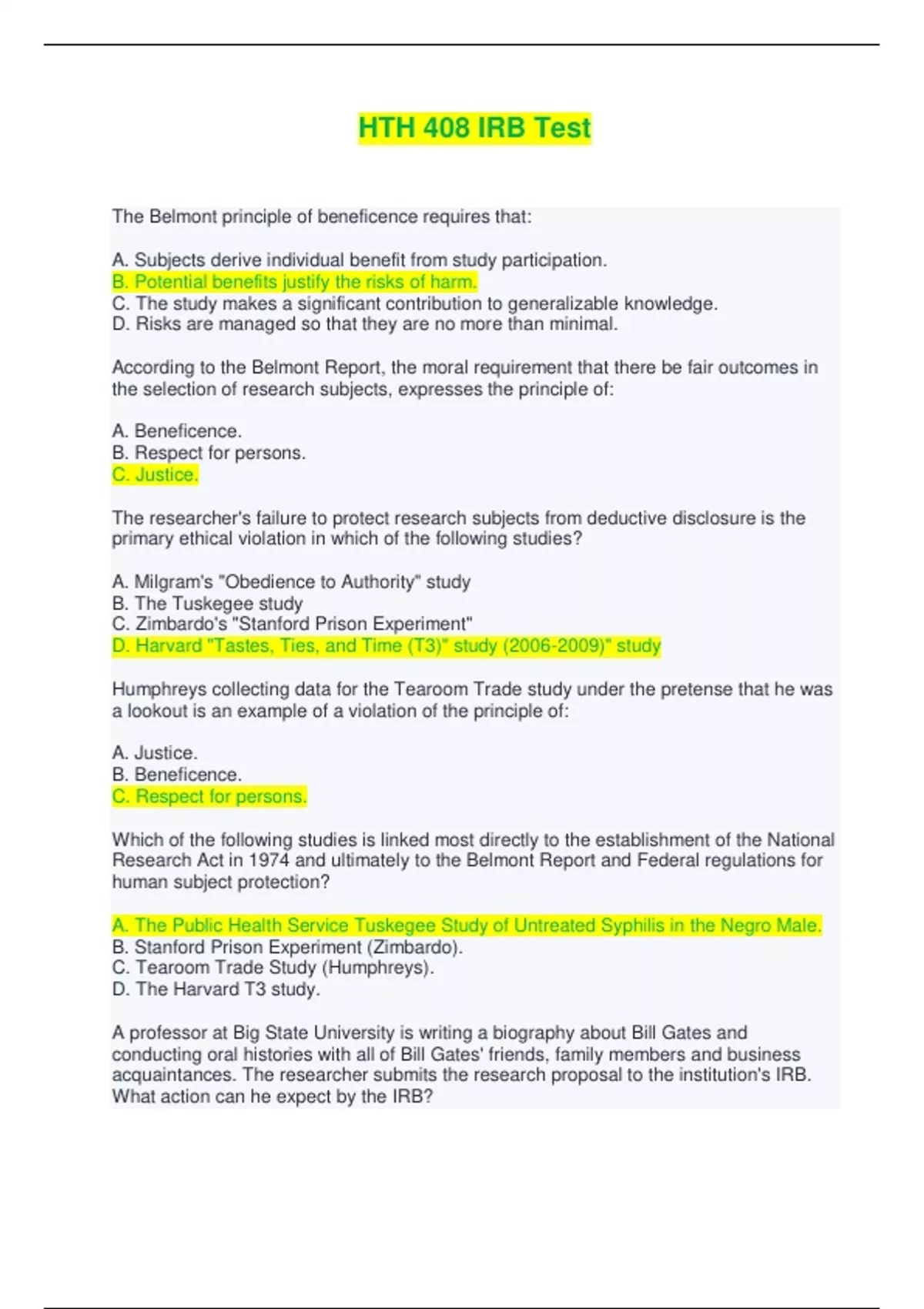 HTH 408 IRB Test - Questions and Answers (Complete Solutions) - HTH 408 ...