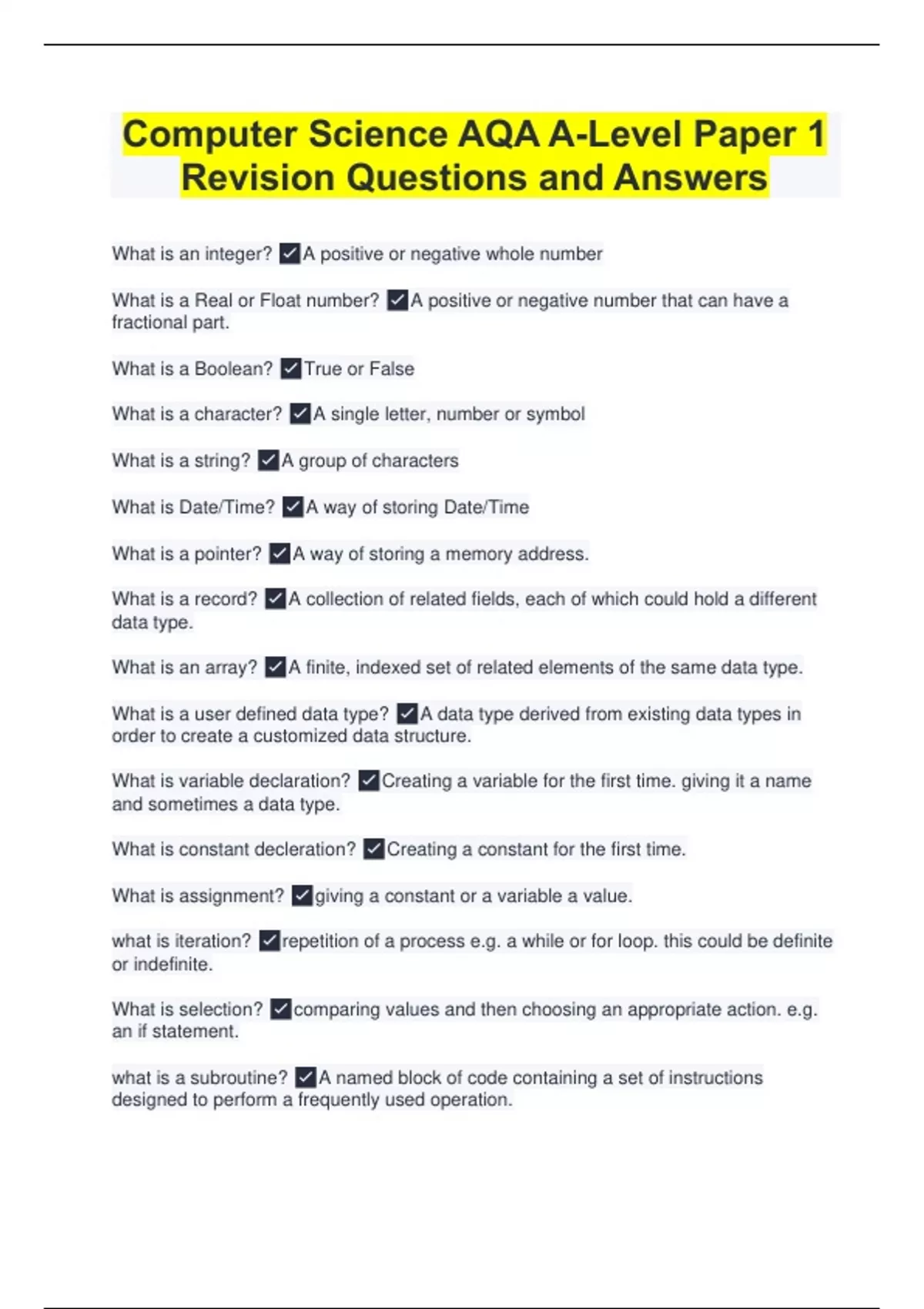Computer Science AQA A-Level Paper 1 Revision Questions and Answers ...